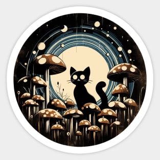 Funny Vintage Black Cat in Mushroom Garden Sticker